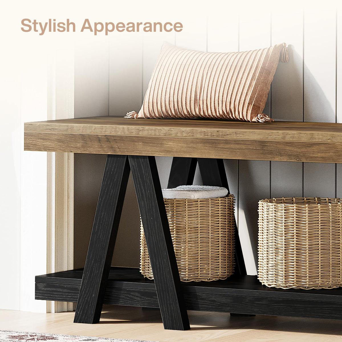 59.06-Inch Entryway Bench with Shoe Storage, Narrow Long 2-Tier End of Bed Bench with Open Shelves, Rustic Brown &