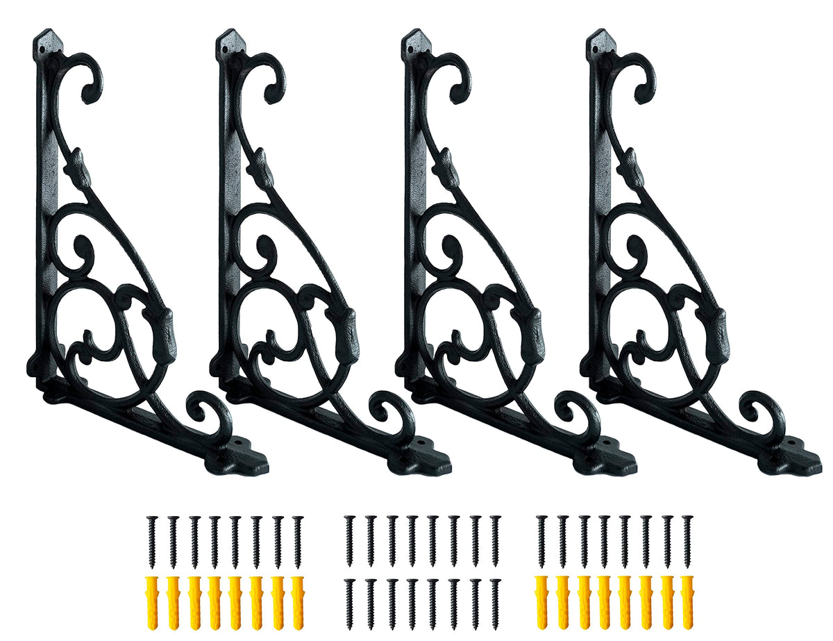 4 Pack Decorative Shelf Brackets,11*7.5 Inch Cast Iron Shelf Supply,Antique Black Corbel,Screws Anchor Included