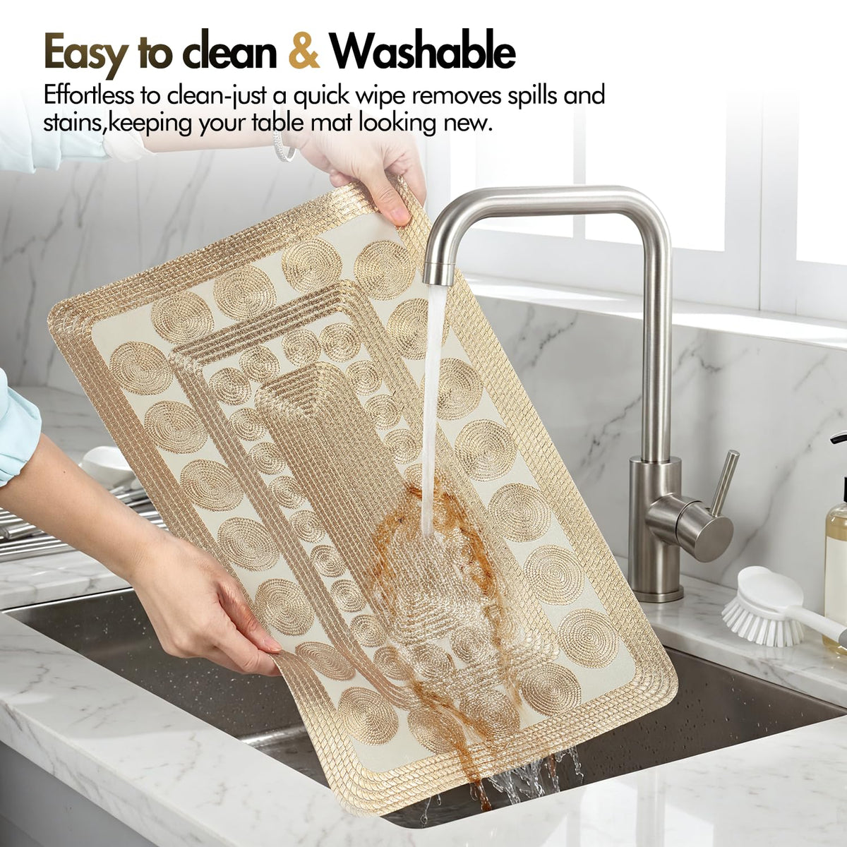 Metallic Gold Placemats Set of 6,Woven Rope Pattern Waterproof PVC Table Mats,Rectangular Washable Non-Slip