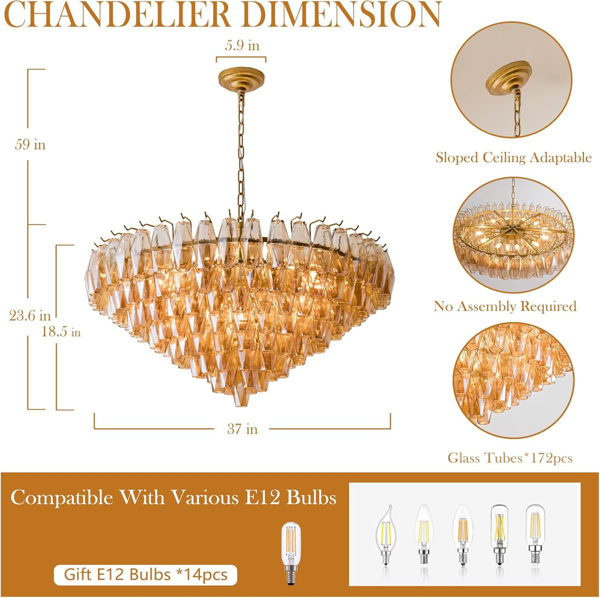37" 14-Light Large Modern Tiered Round Chandelier