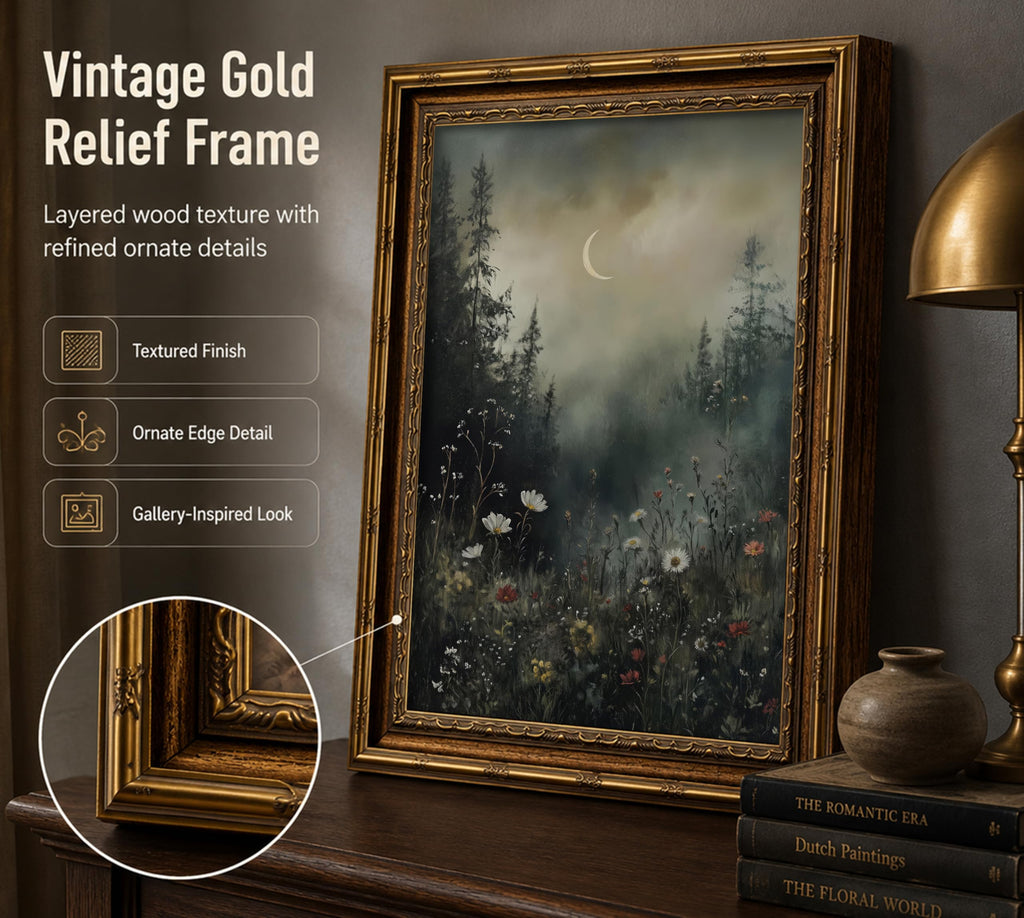 Vintage Gold Framed Moonlit Forest Wall Art, Moody Wildflower Crescent Moon Canvas Print, Retro Gothic Night