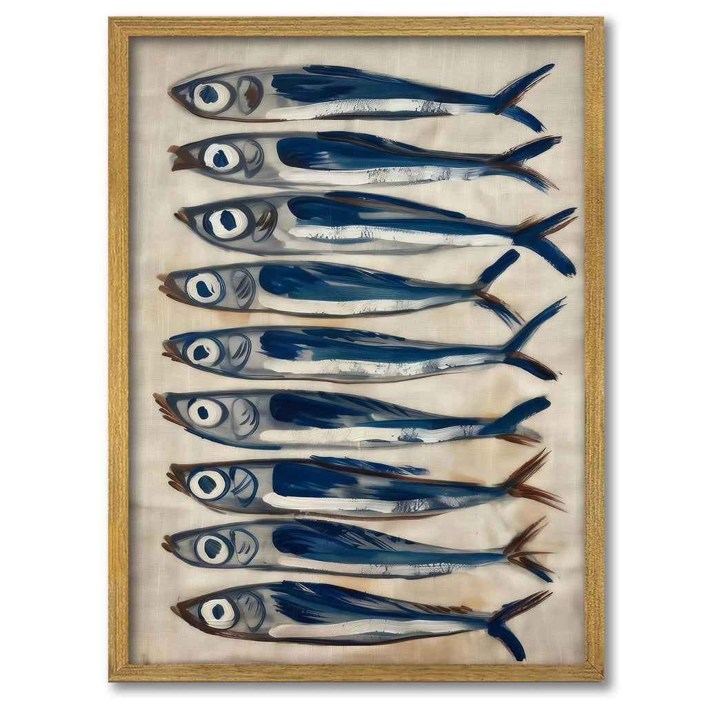 Coastal Sardine Wall Art Framed Nautical Fish Poster Rustic Beach House Wall Decor Kitchen Dining Room Sea Life