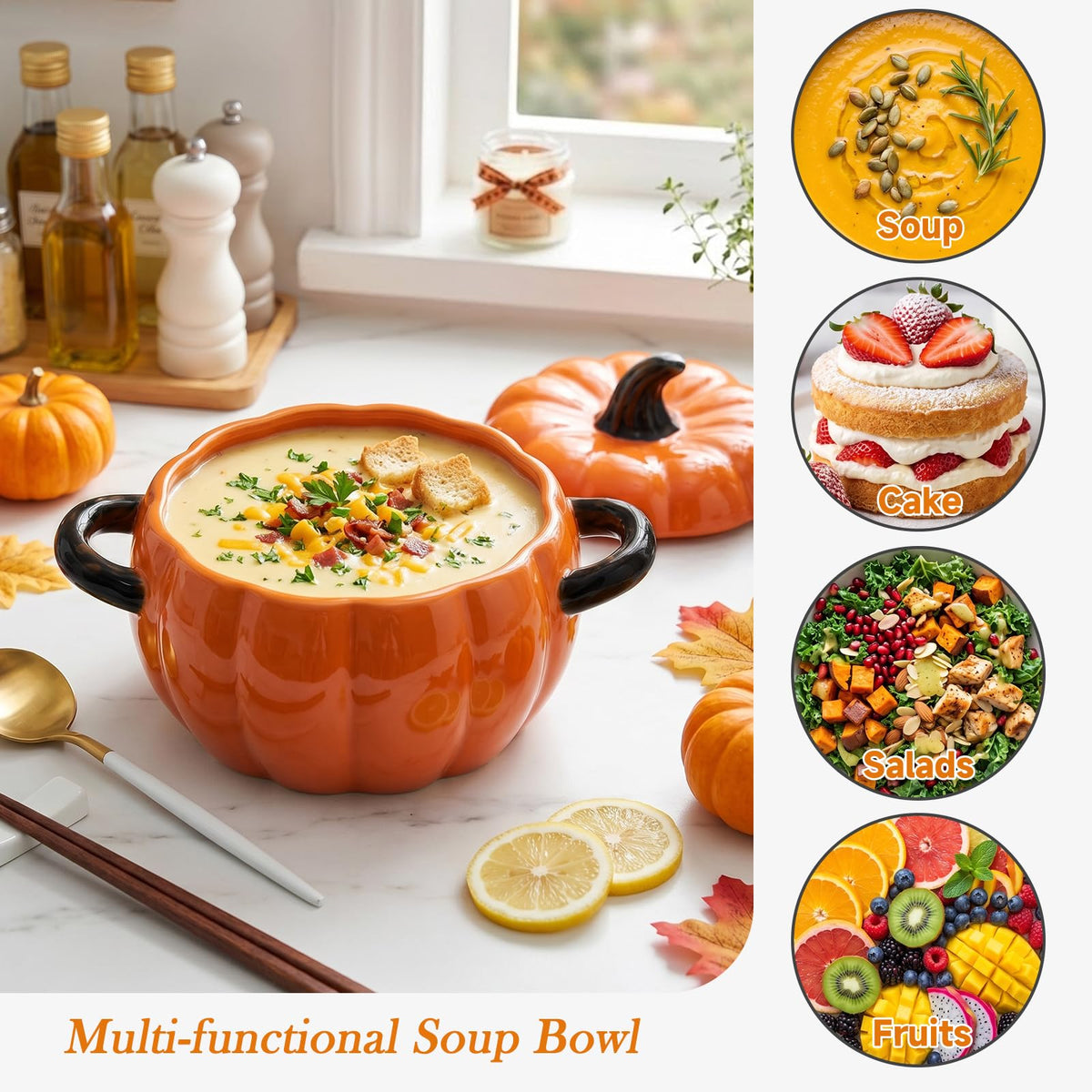 Pumpkin Soup Bowl, 64oz Ceramic Pumpkin Pot with Lid (Orange)
