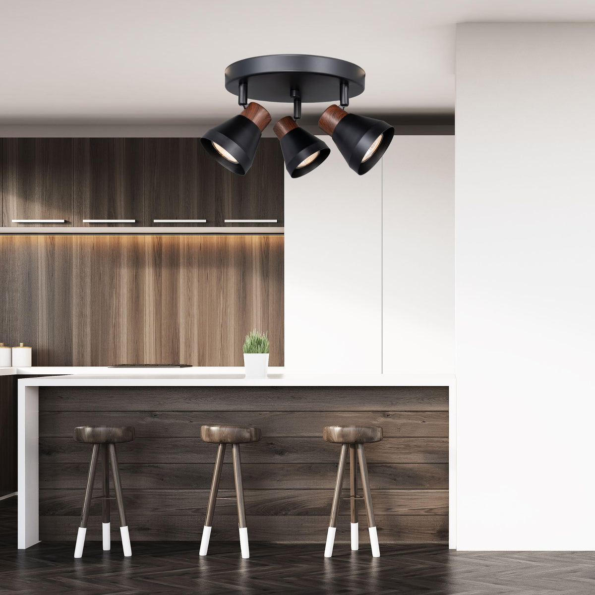 Modern Track Lighting Kit Black Faux Wood Accent,Adjustable GU10 Flush Mount Ceiling Fixture Pivot