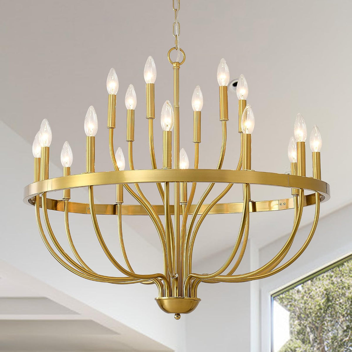 Eighteen-Light Gold Candle Chandelier with Layered Branching Arms