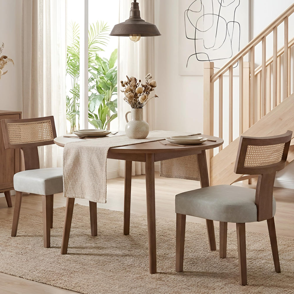 Mid Century Modern Rattan Dining Chairs Set of 2, Farmhouse PU Leather Upholstered Accent Chair Curved Backrest