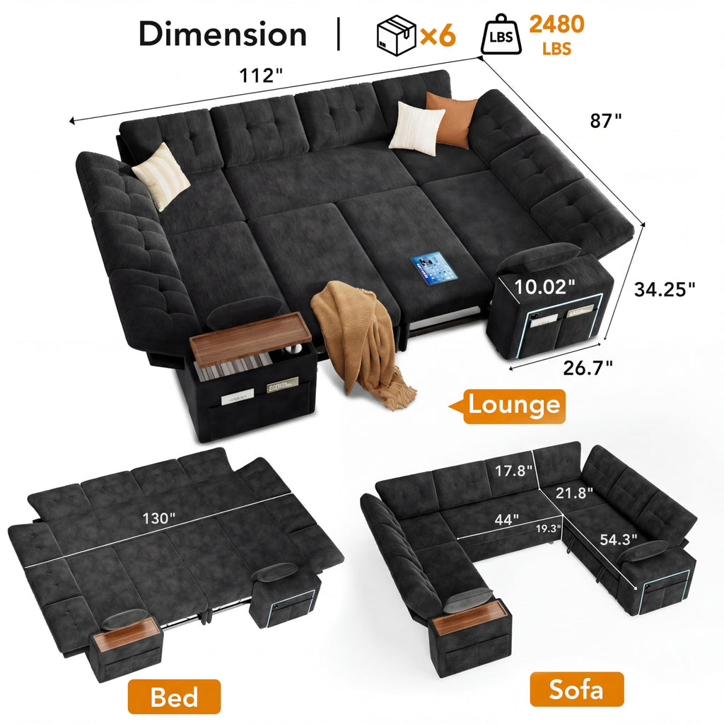 8 Seat Modular Sectional Sleeper Sofa with Pull Out Bed, U-Shaped Couch with Reclining Backrest, Lift Top Storage