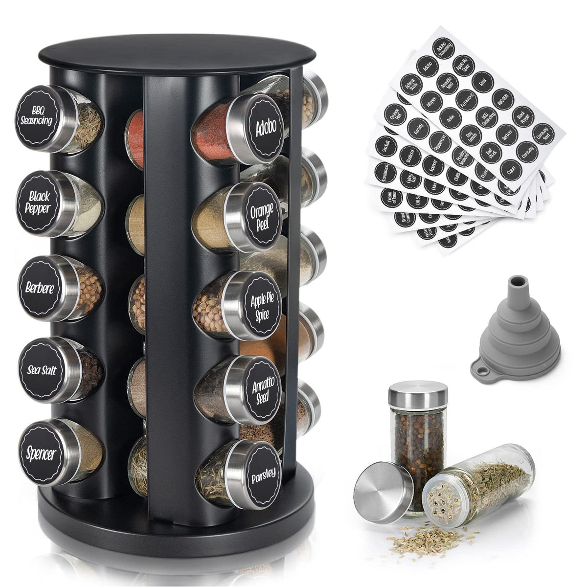 Black Countertop Revolving Spice Rack, Empty 20-Jars Rotating Spice Rack Organizer, Round Carousel Tower, 135 Spice