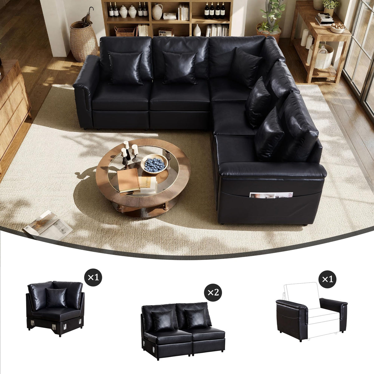 Faux Leather Sectional Sofa, Oversized L Shaped Modular Cloud Couch with Pillows, Modern 6 Seater Leather Couch
