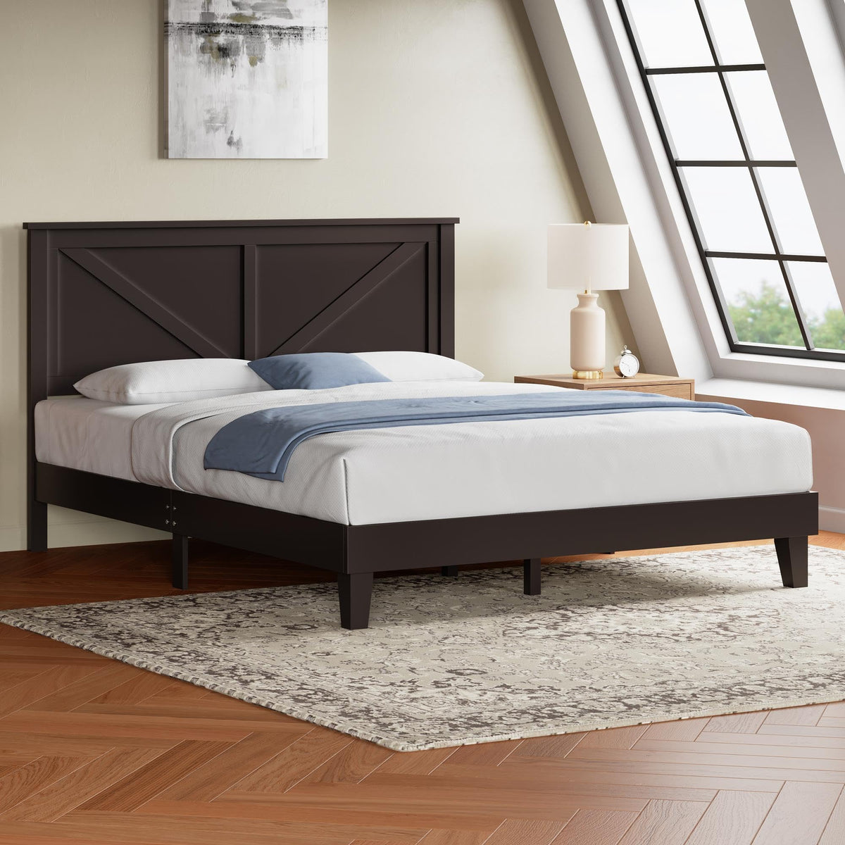 Platform Wood Bed Frame, Farmhouse Headboard, Espresso