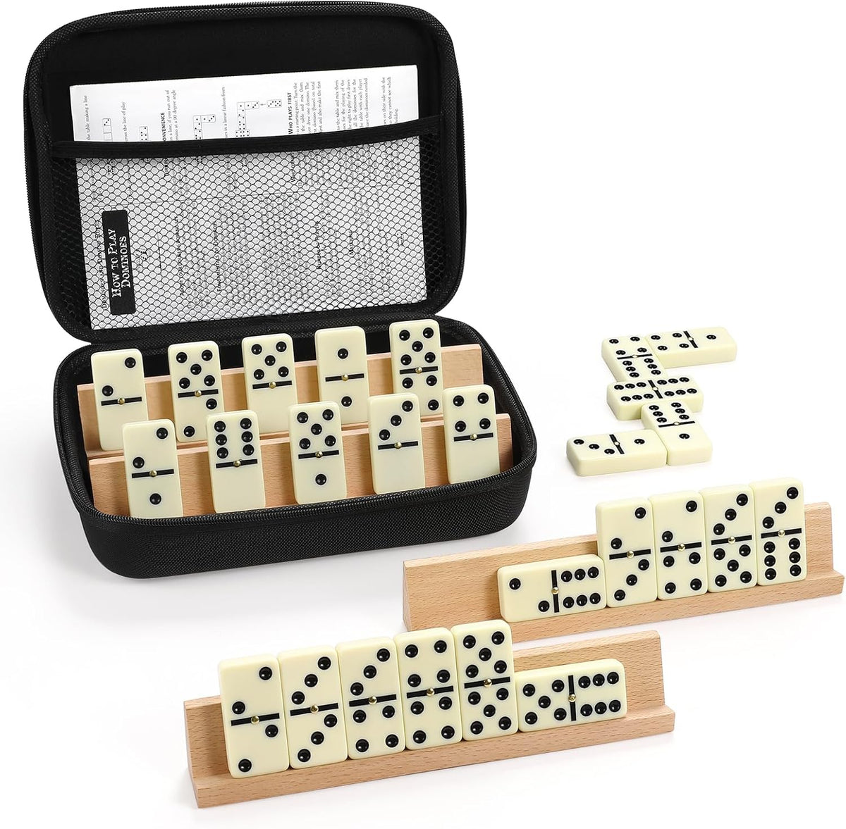 Dominoes Set Adults with 4 Wooden Racks/Trays Double Six Dominoes Travel Set with Portable Case Double 6 Dominoes Set