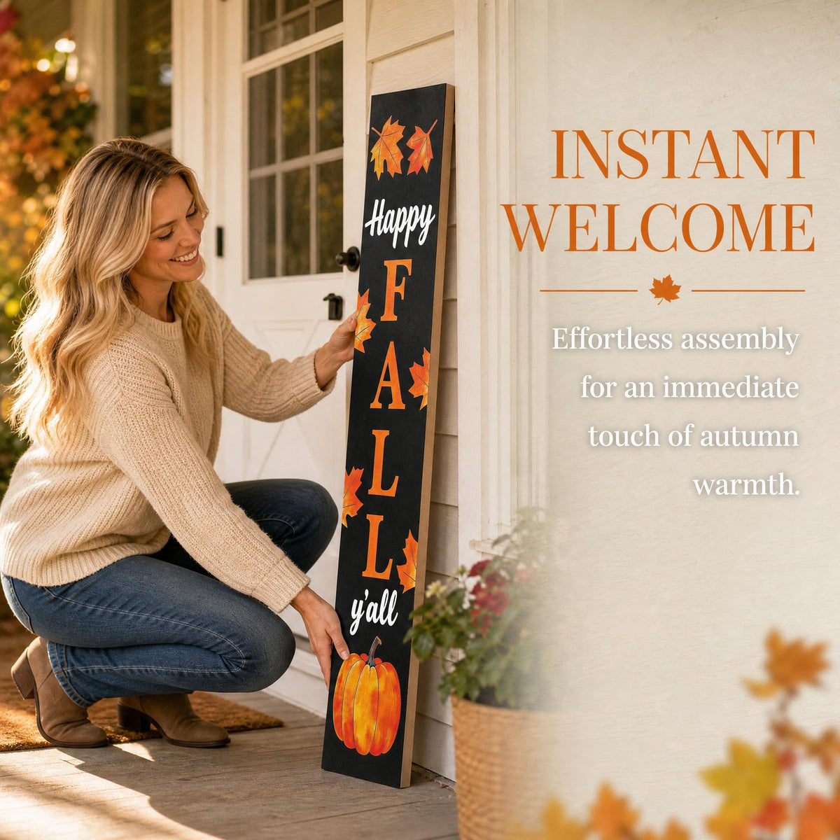 Happy Fall Y'all 47" Tall Vertical Wooden Porch Sign Black Rustic Farmhouse Fall Decor with Maple Leaf Pumpkin