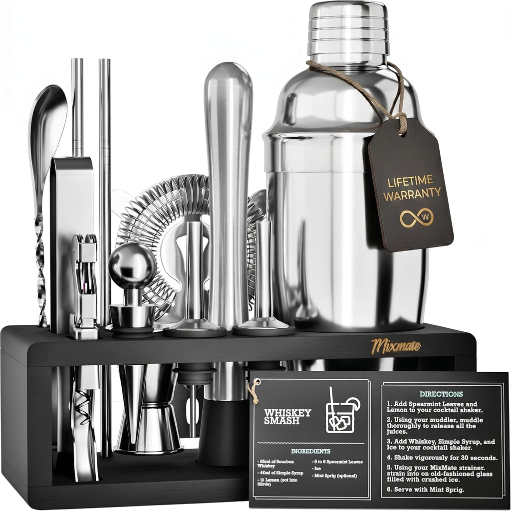 Mixology Bartender Kit with Stand - Bar Tool Set, Silver Bar Set Cocktail Shaker Set for Drink Mixing - Set of 15