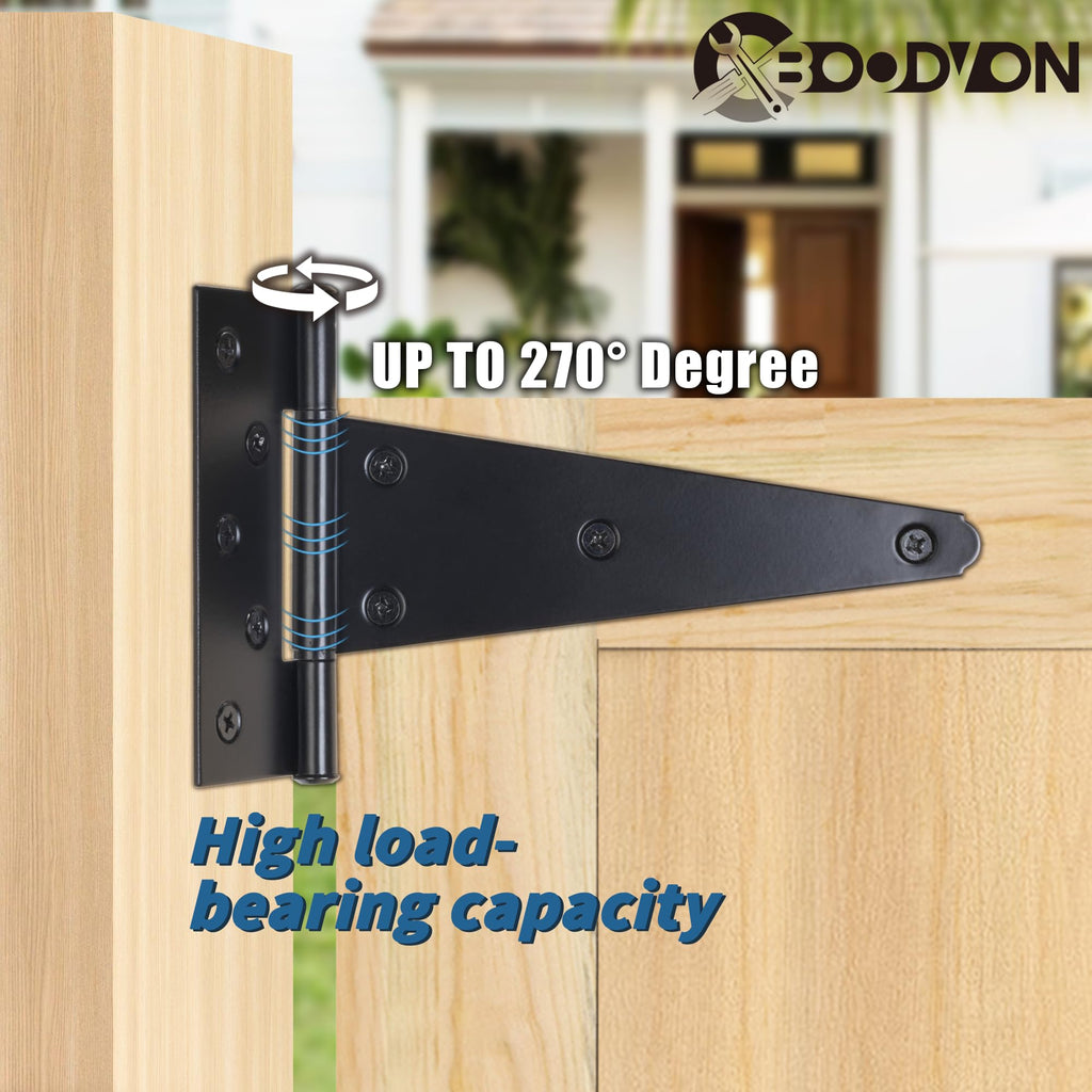 4 Inch T-Strap Gate Hinges, Shed Barn Door Hinges Heavy Duty, Black Tee Hinges for Wooden Fences, Yard Gate, Wrought