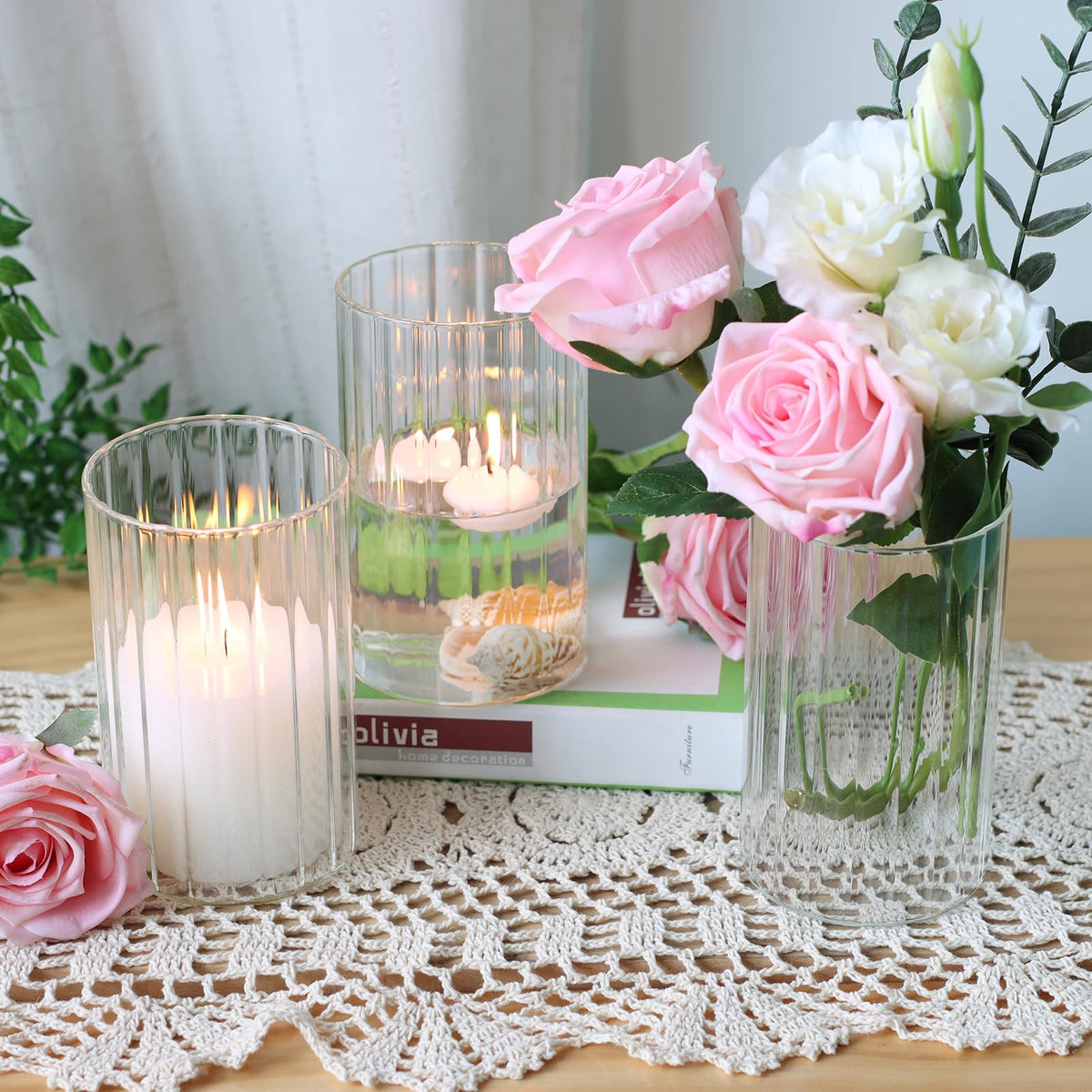 12Pcs Glass Cylinder vases for Centerpieces, 6 Inches Clear Ribbed Bud Vases for Wedding Decorations, Floral Vase Bulk