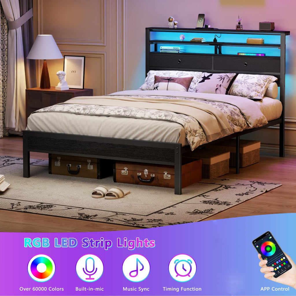 Full Size Bed Frame with Headboard & 2 Fabric Drawers, Black Oak