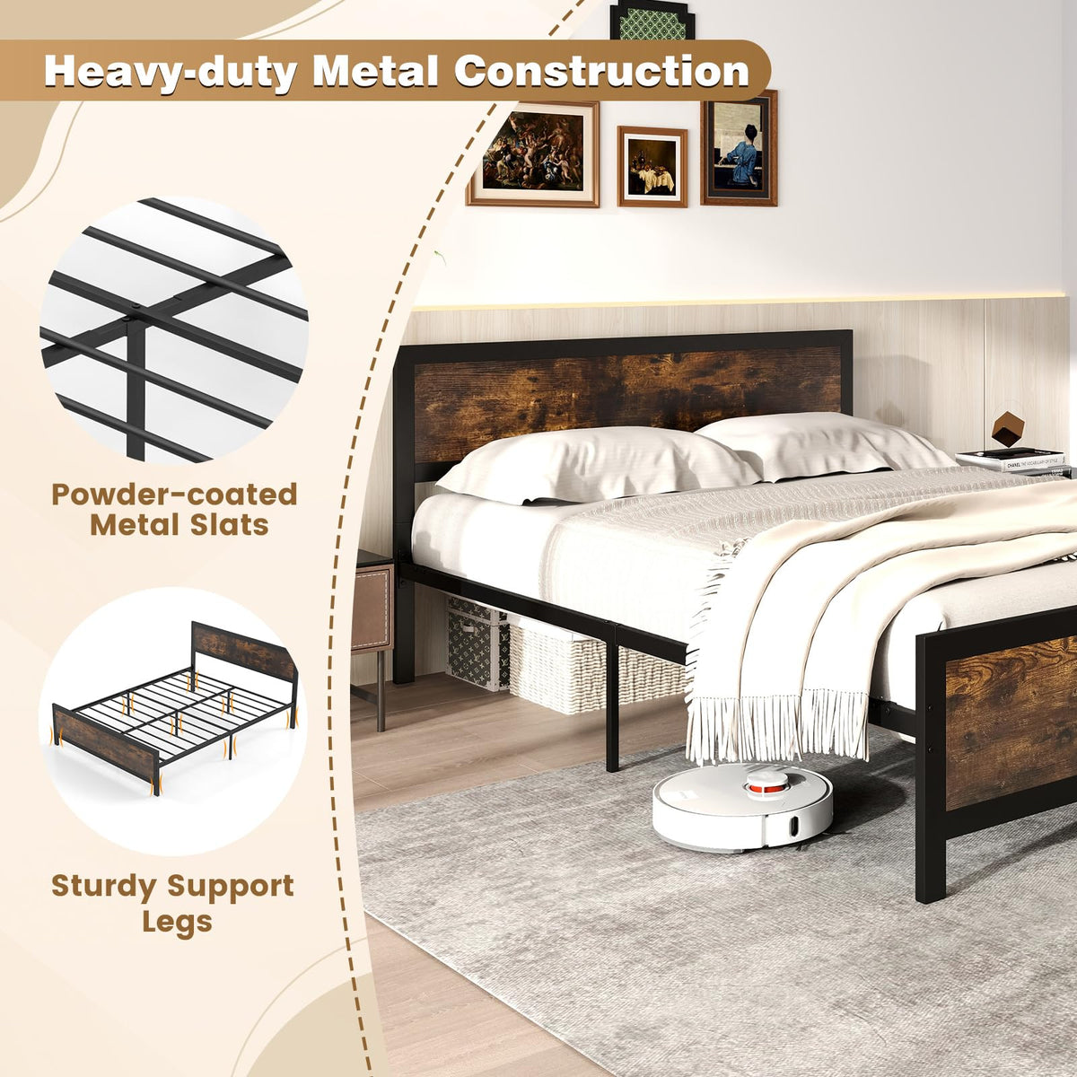 Metal Queen Size Platform Bed Frame with Wood Headboard and Footboard, Industrial Heavy Duty Queen Bed Frame w/Strong
