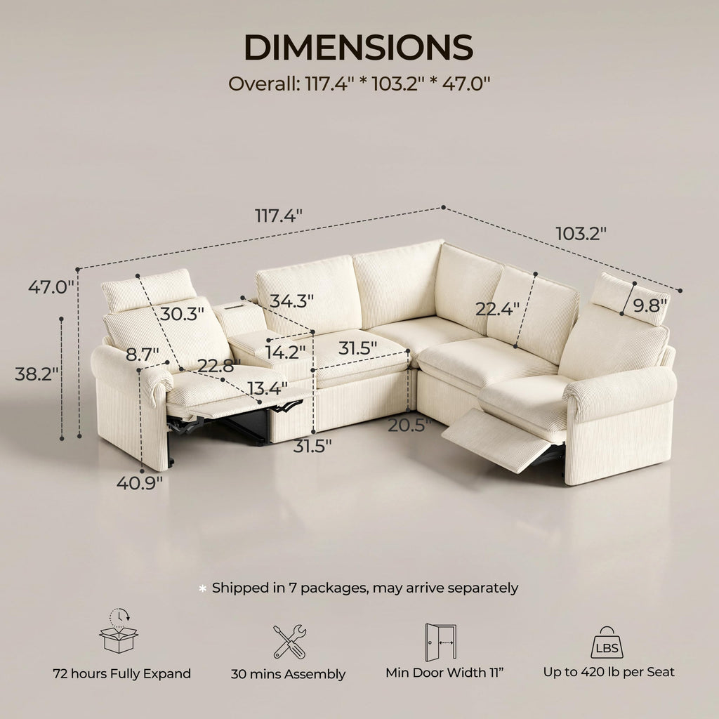 117" 5-Seat L-Shaped Power Reclining Sectional Couch, Beige
