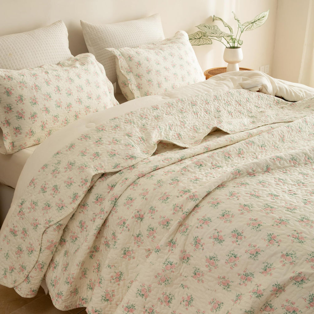 100% Cotton Quilt Set - Pink Flower Botanical Bedspread