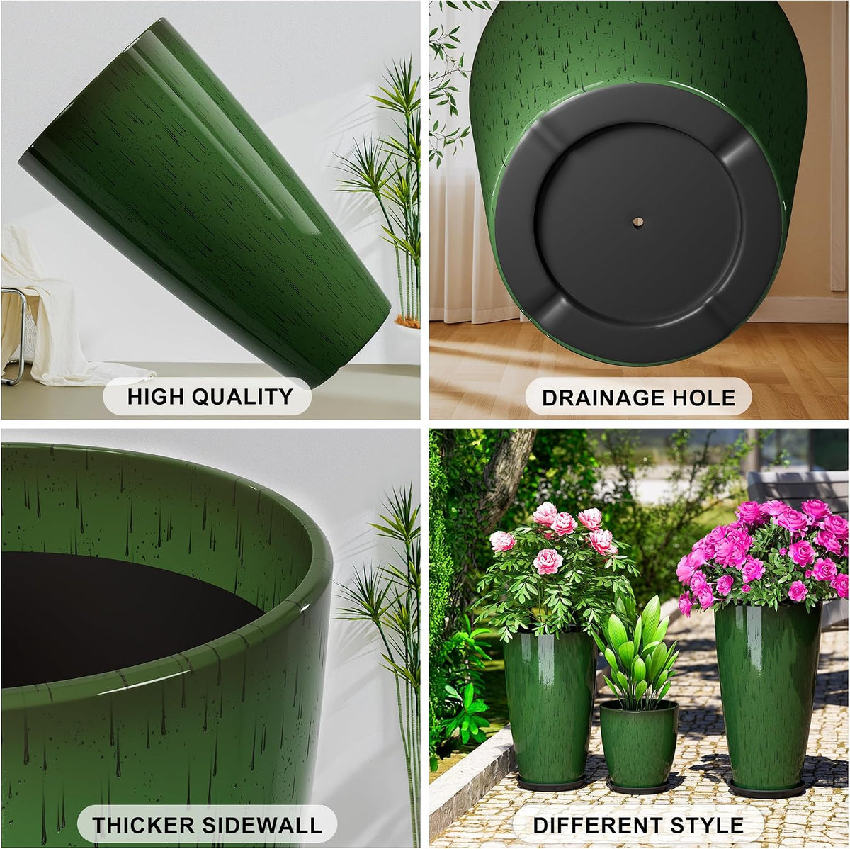 24,21,11 inch Large Planters with Drainage Hole & Saucer, Set of 3 Plant Pots Tall Planter for Indoor & Outdoor