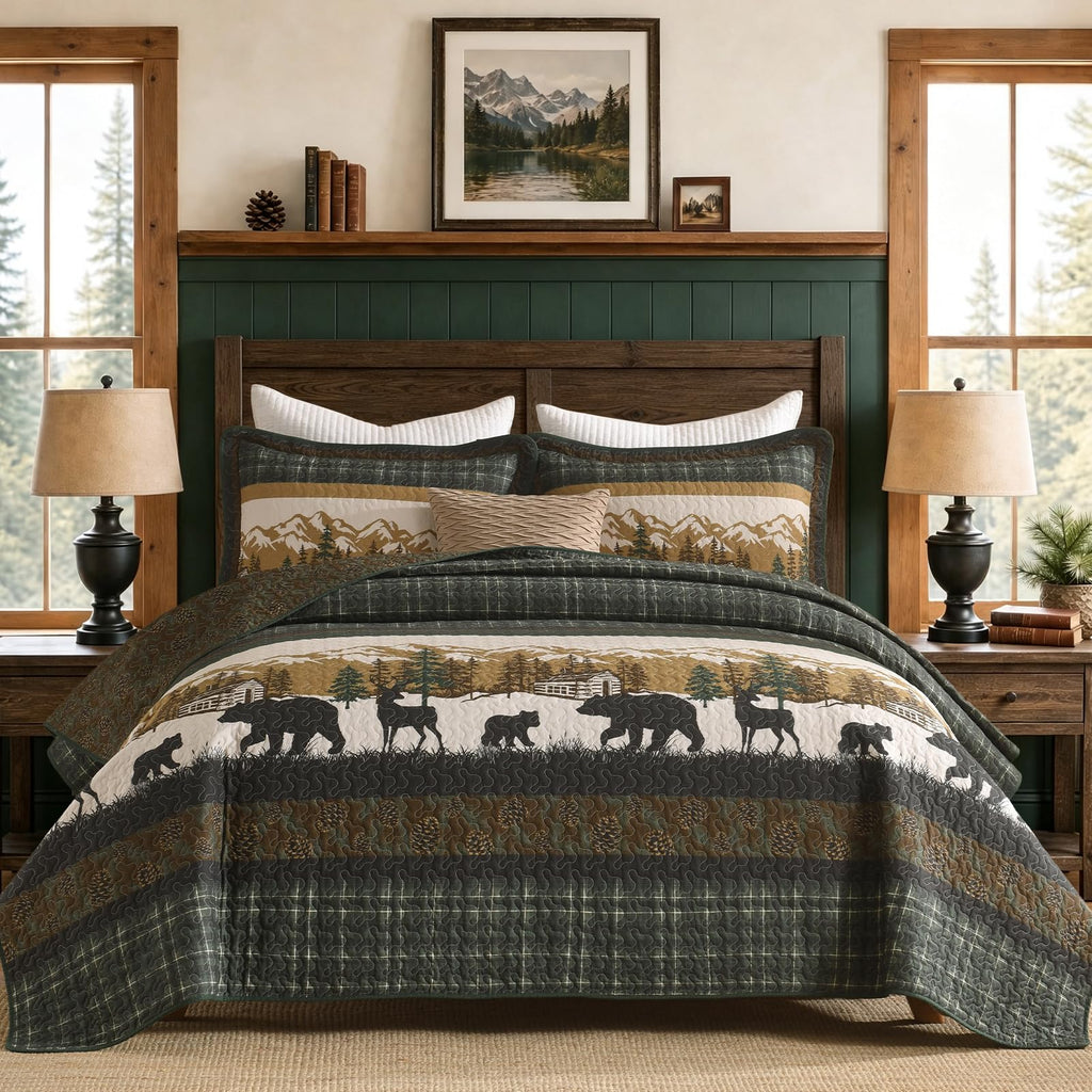100% Cotton Quilt Set, Rustic Cabin Plaid Bear, Green/Brown