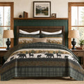 100% Cotton Quilt Set, Rustic Cabin Plaid Bear, Green/Brown