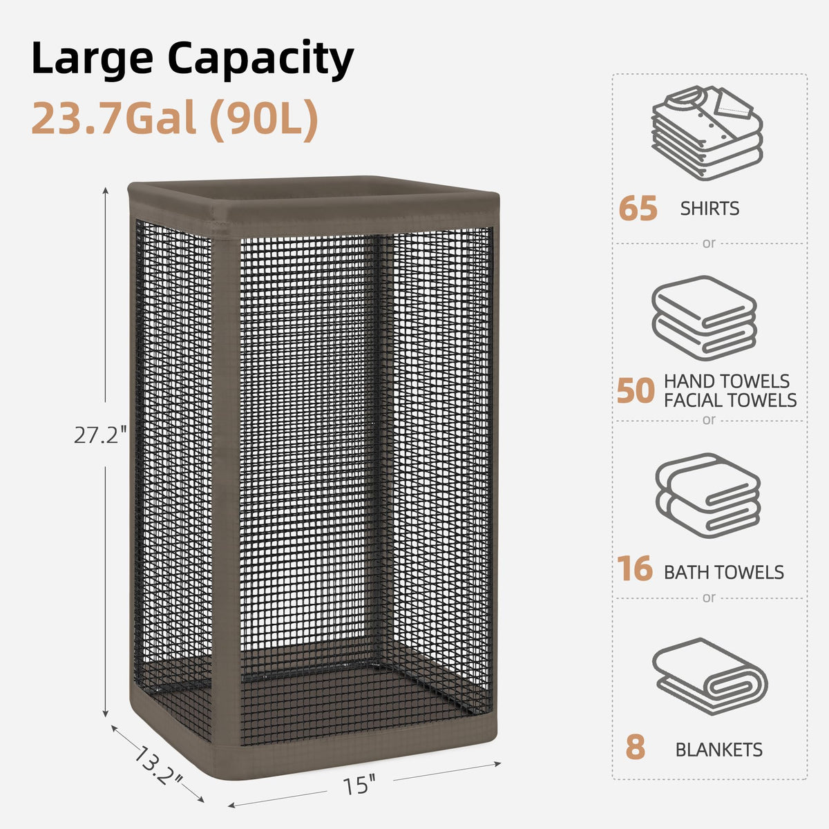 Mesh Laundry Hamper, 23.7 Gal. Tall Laundry Basket for Airflow, Strong Metal Dirty Clothes Hamper for College Dorm