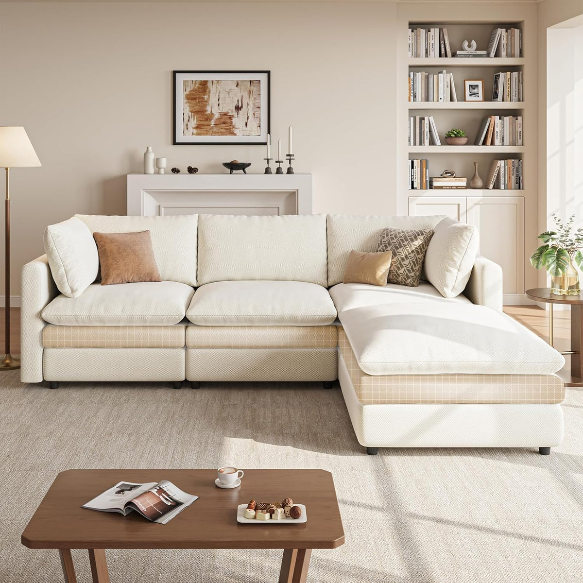 97" Cloud Couches , 29.1" Deep Seat Modular Sectional Sofa, L Shaped Cloud Sofa with One Movable Ottoman