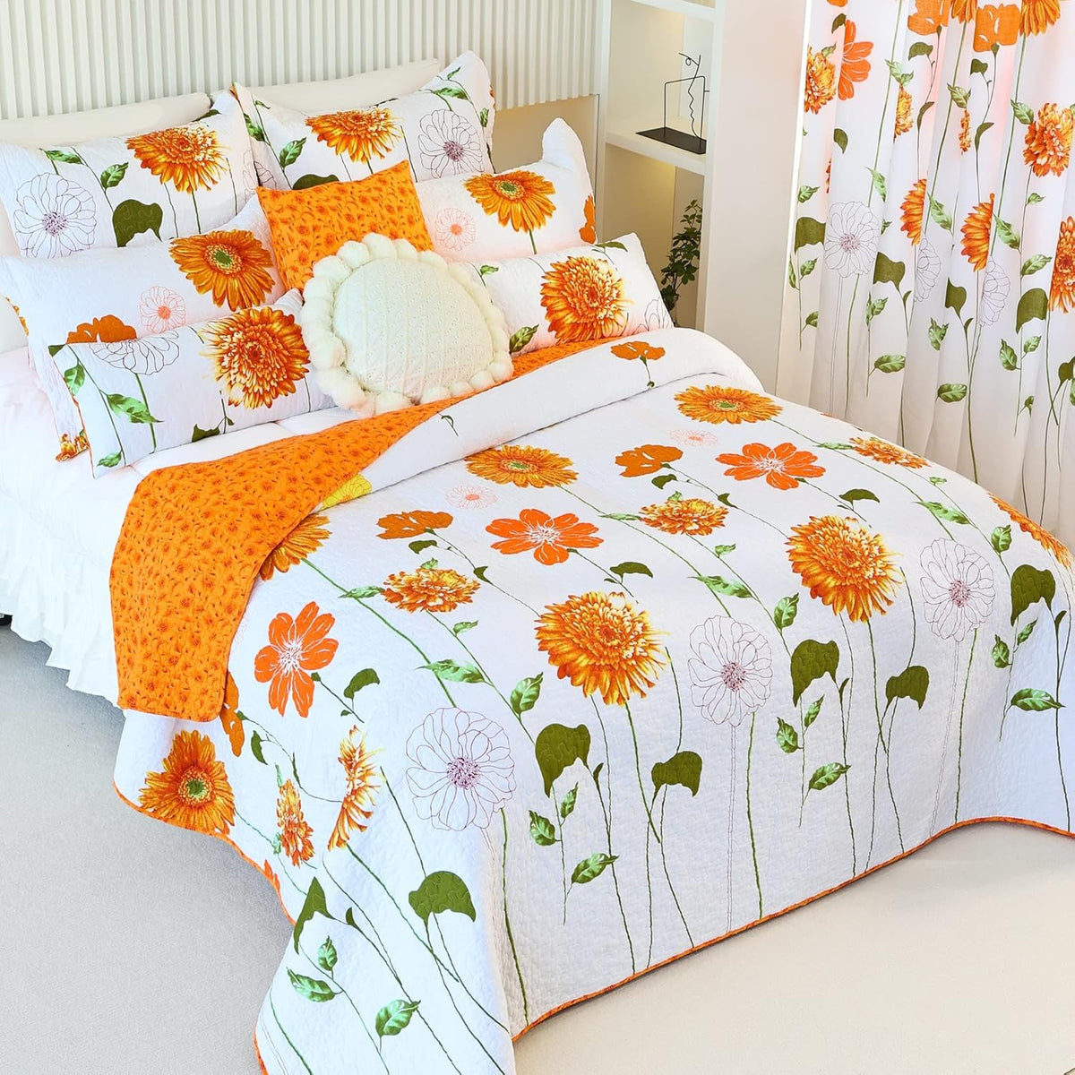 100% Cotton Quilt Set Orange Sunflower Floral Bedding Sets with Pillow Shams Breathable Lightweight