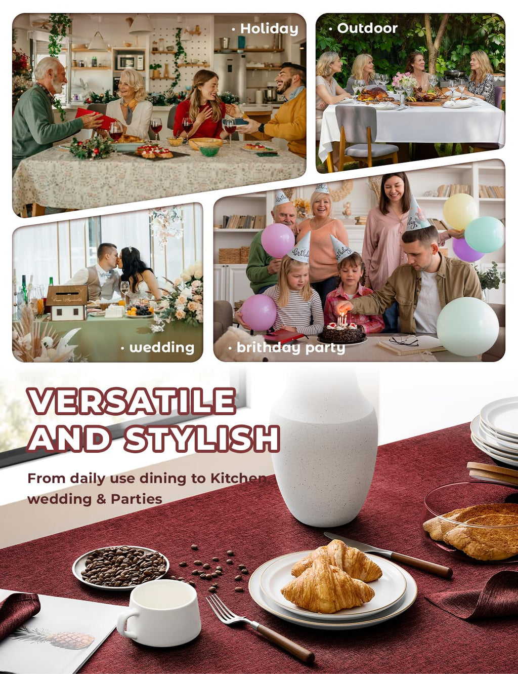 Faux Linen Farmhouse Table Cloth 60"x84" for 4-6 ft Rectangle Table, Burgundy Waterproof Outdoor Washable Cloth