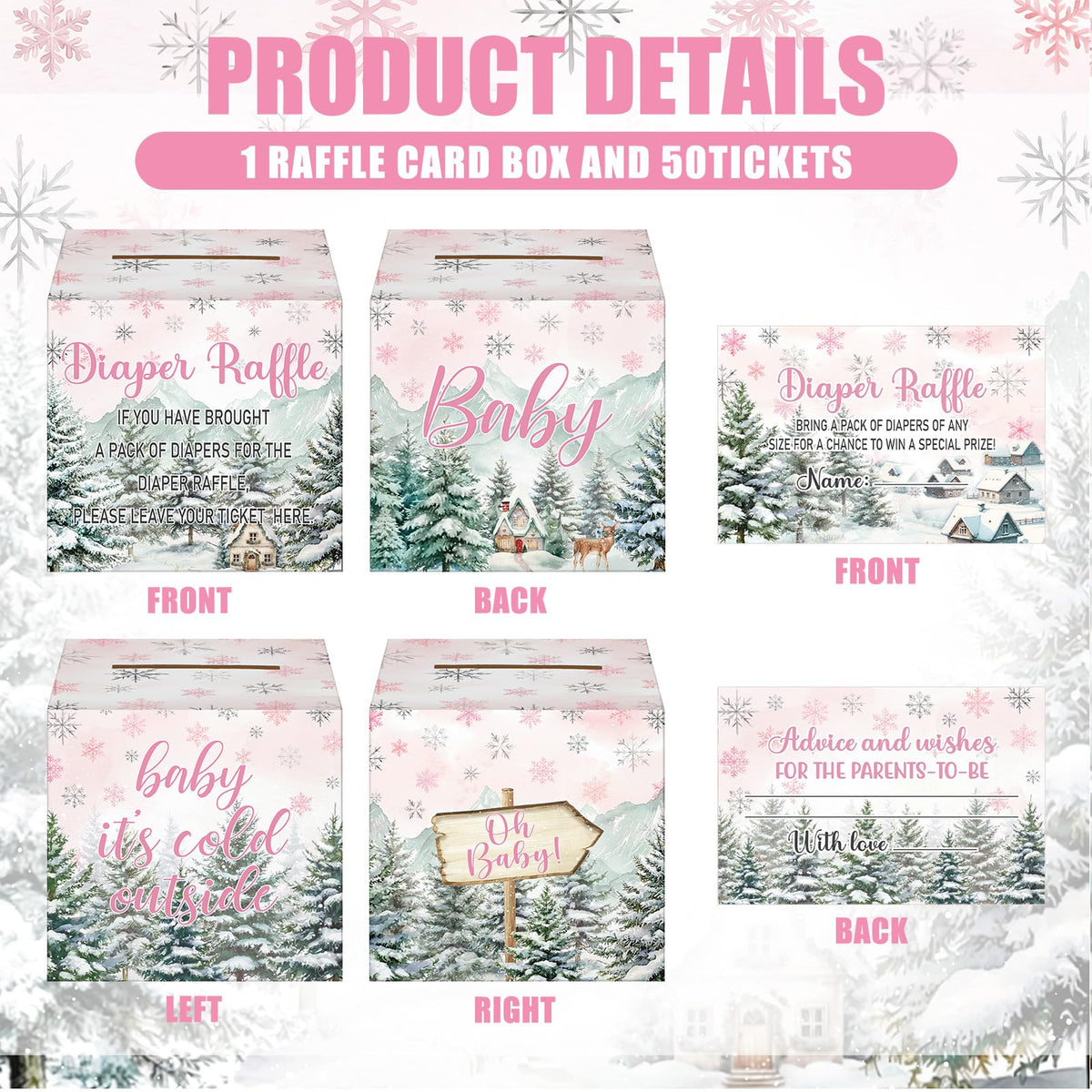 51 Pieces Diaper Raffle Tickets with Card Box, Pink Baby It's Cold Outside Style