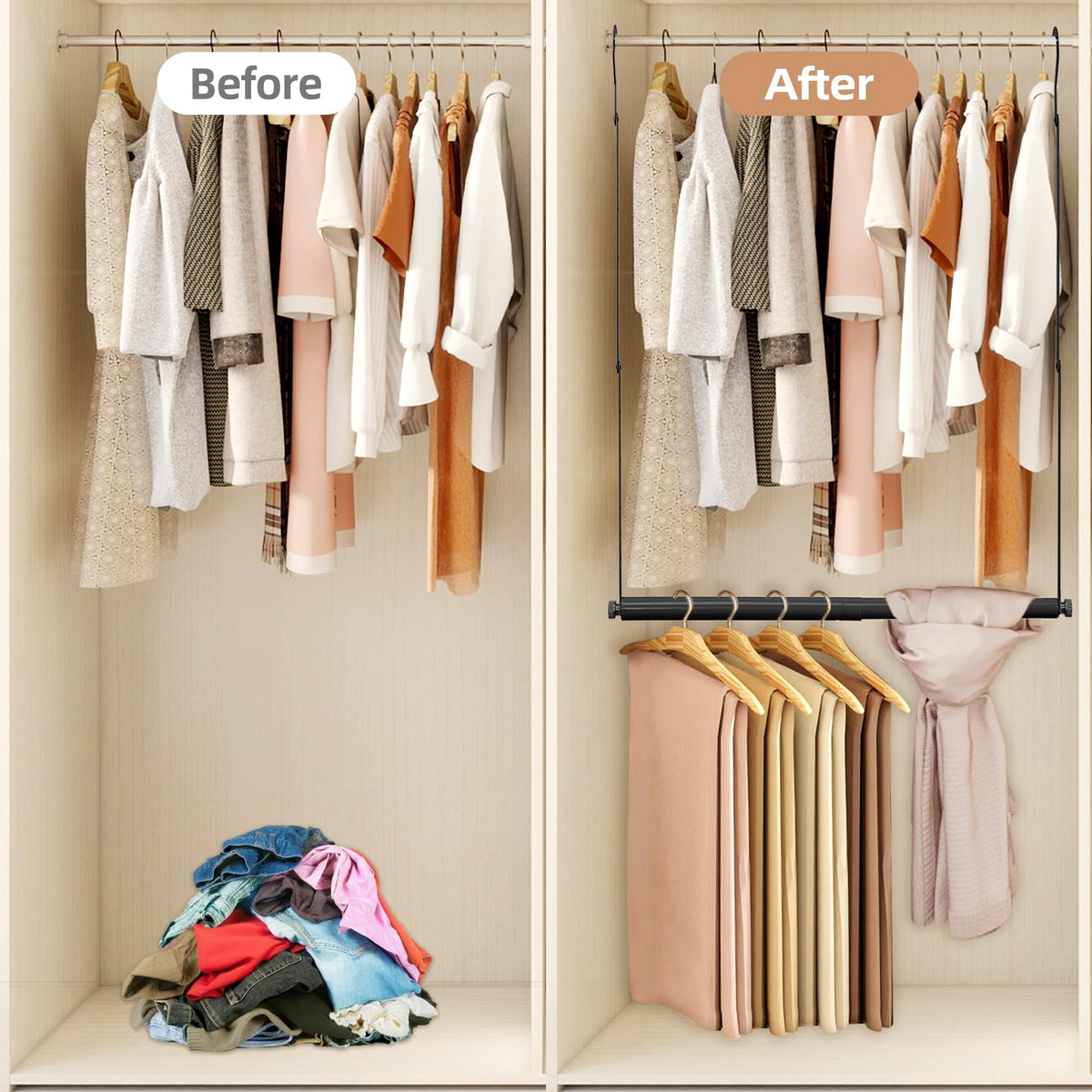 Adjustable Closet Rod for Hanging Clothes, 2 Pack Black
