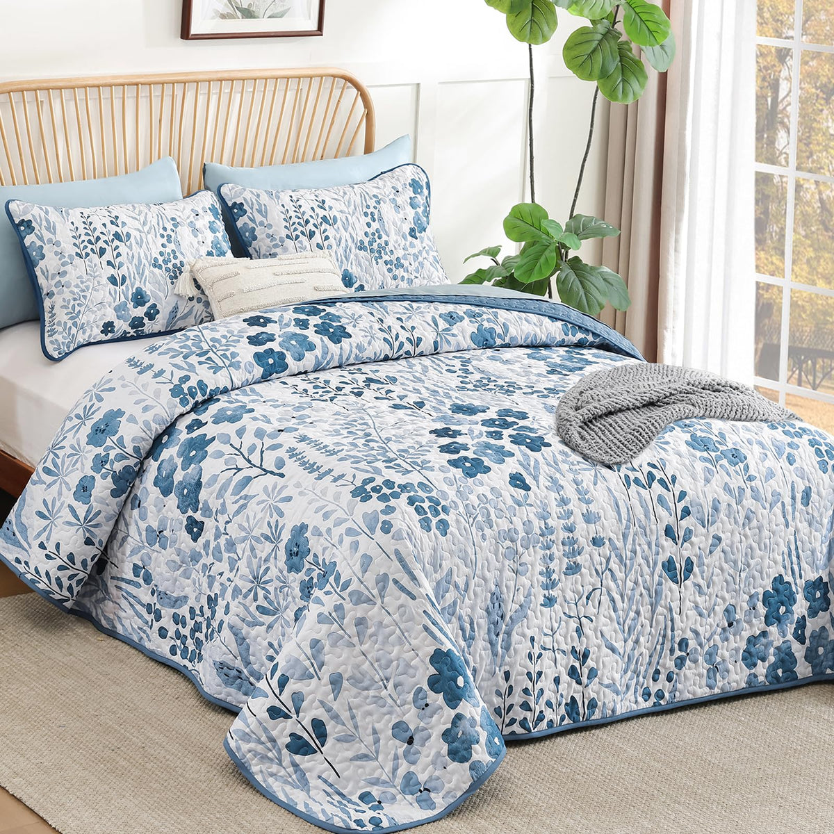 Floral Quilt Set, 3 Pcs Navy Blue Bedspread Bedding Set