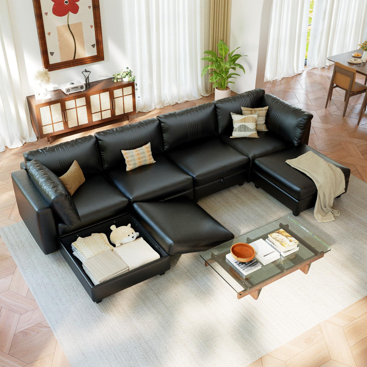 128" 6 Seat Modular Sectional Sofa, Convertible L & U Shaped Couch with Storage, Modern Leather Couch with Ottomans