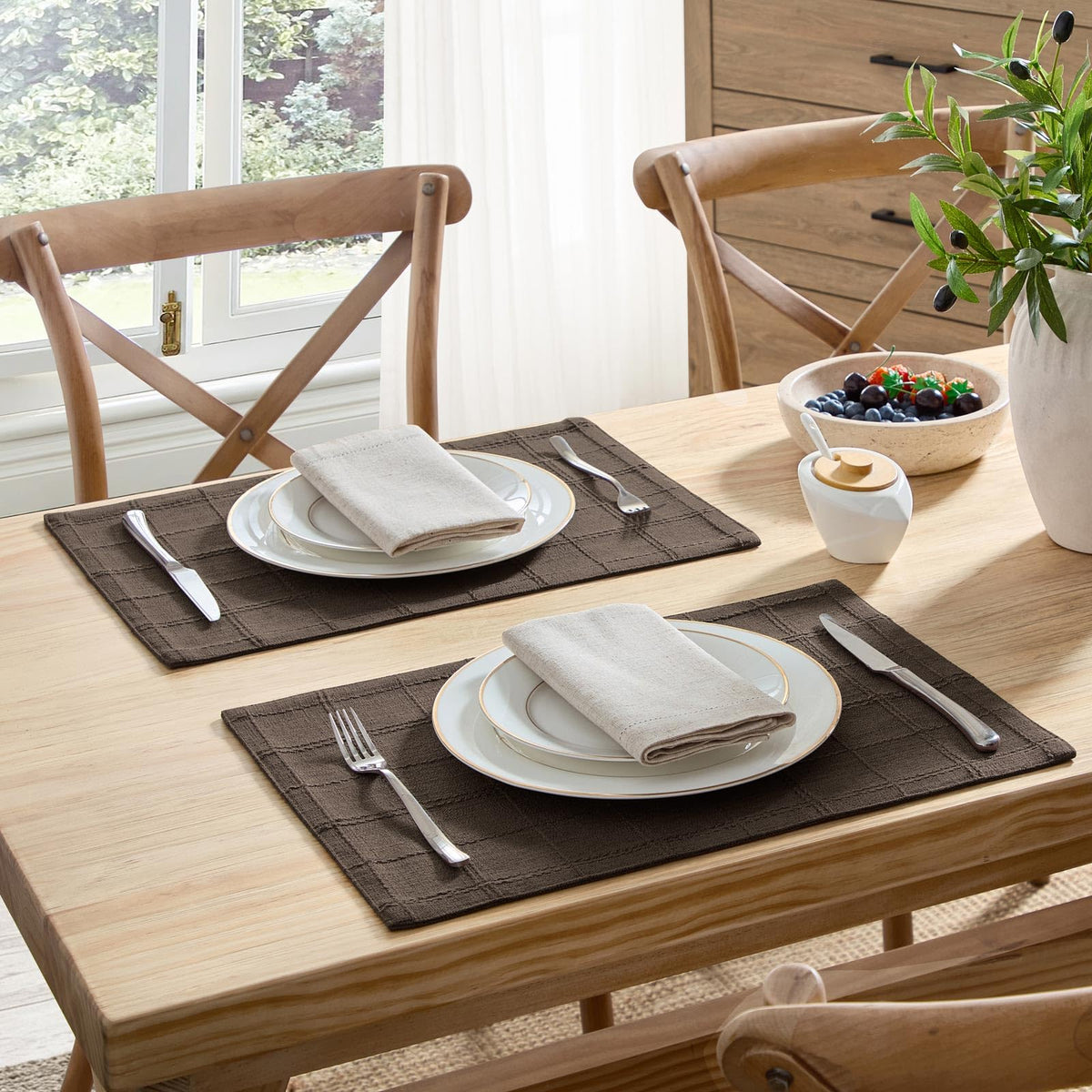 Linen Checked Farmhouse Placemats Set of 6, Chocolate 13x19in