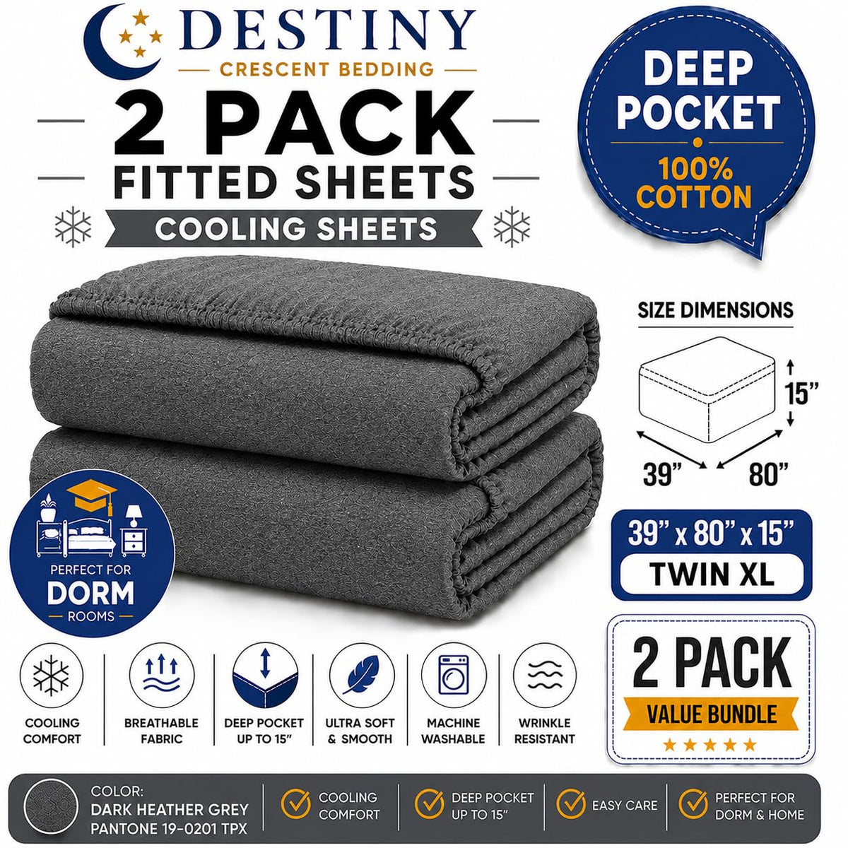 Twin XL Cotton Knit Jersey Fitted Sheets, 2-Pack, 15" Deep Pocket, 39x80