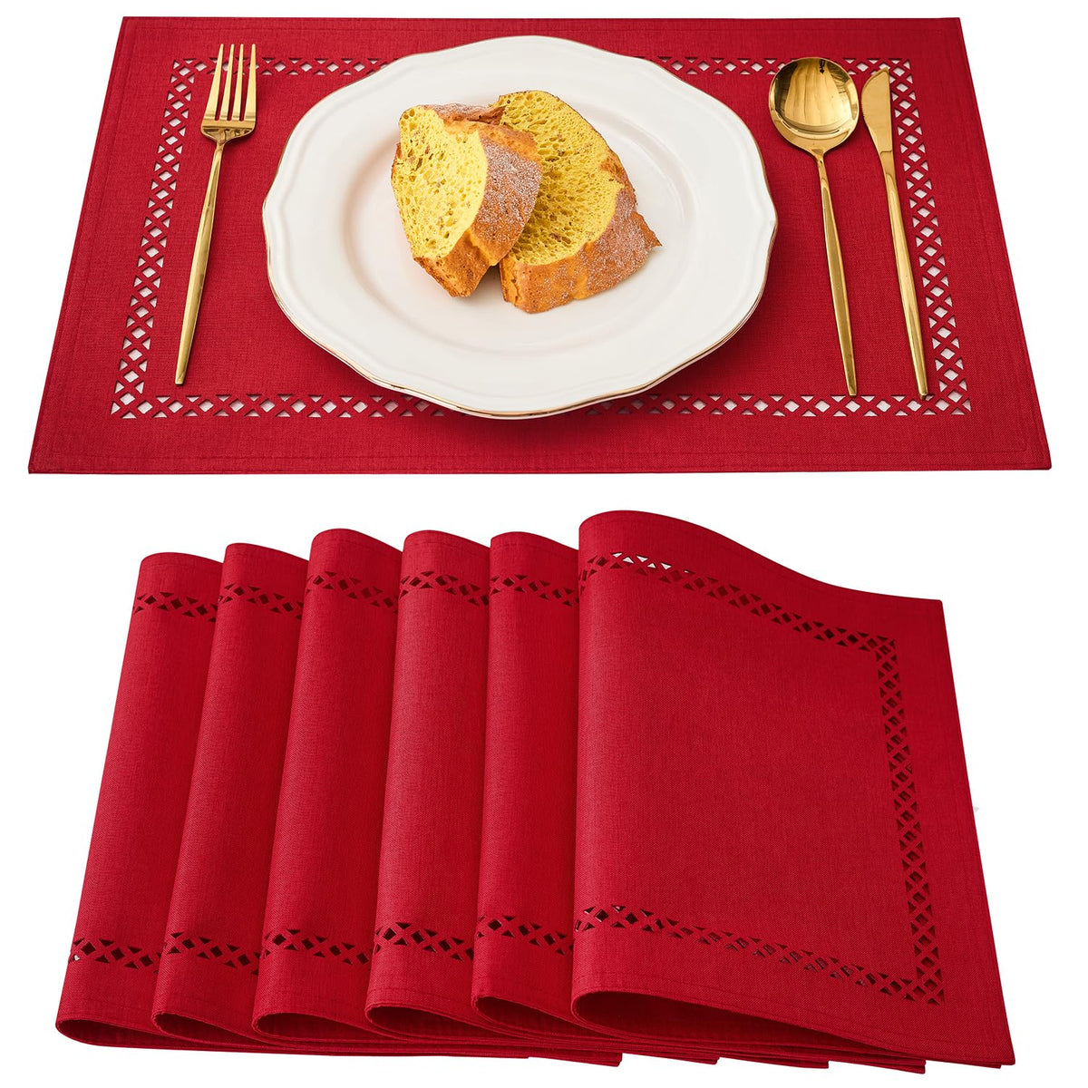 Red Burlap Place Mats, Christmas Placemats Set of 6, 12 x 18 Inch