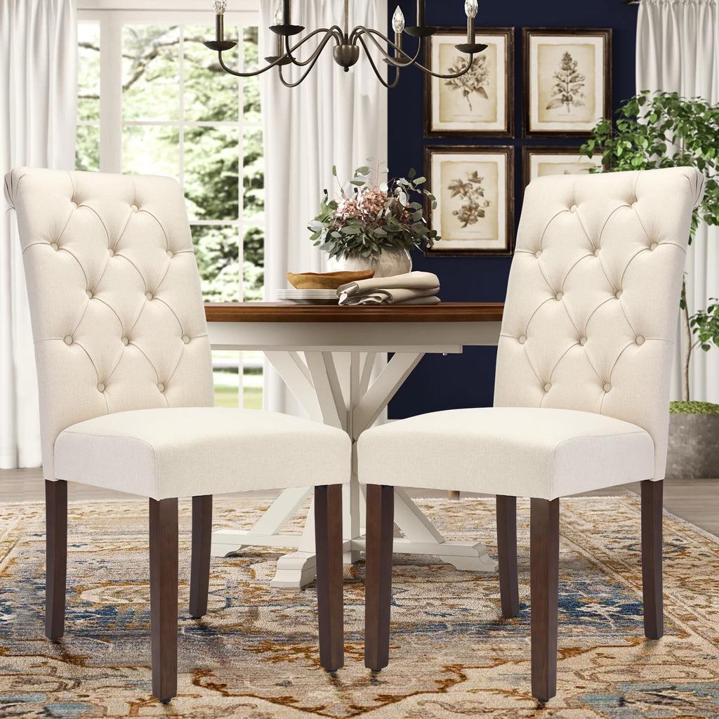 Tufted Set of 4, Upholstered Parsons Dining Room Chairs, Fabric Kitchen Side Chair with Wood Legs, Beige