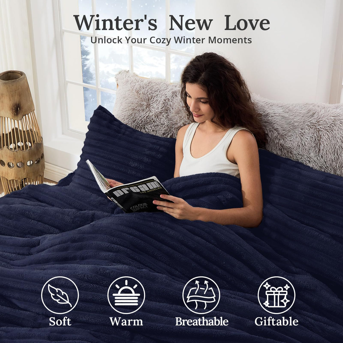 Fluffy Comforter Set, 3 PC Soft Fleece Bedding, Navy Blue