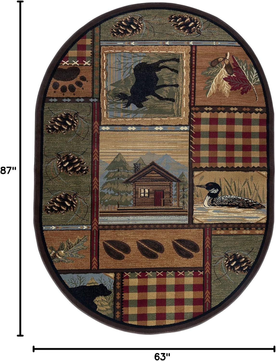 Homespun Cabin Multi-Color Oval Area Rug - Bedroom or DiningRoom - Lodge, Novelty