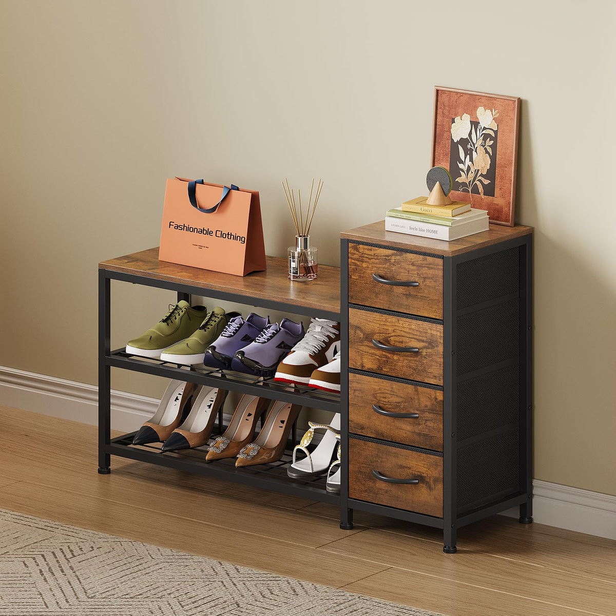 Industrial Shoe Storage Bench with 4 Drawers & Seat, Rustic Brown