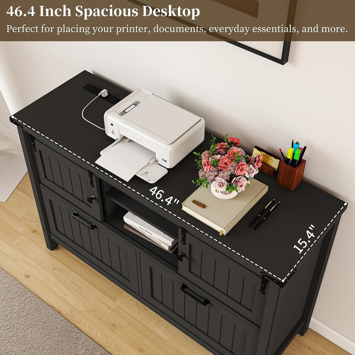 Lateral File Cabinet with Charging Station, Filing Cabinets | Farmhouse 2 Drawer Office Credenza with Outlets for