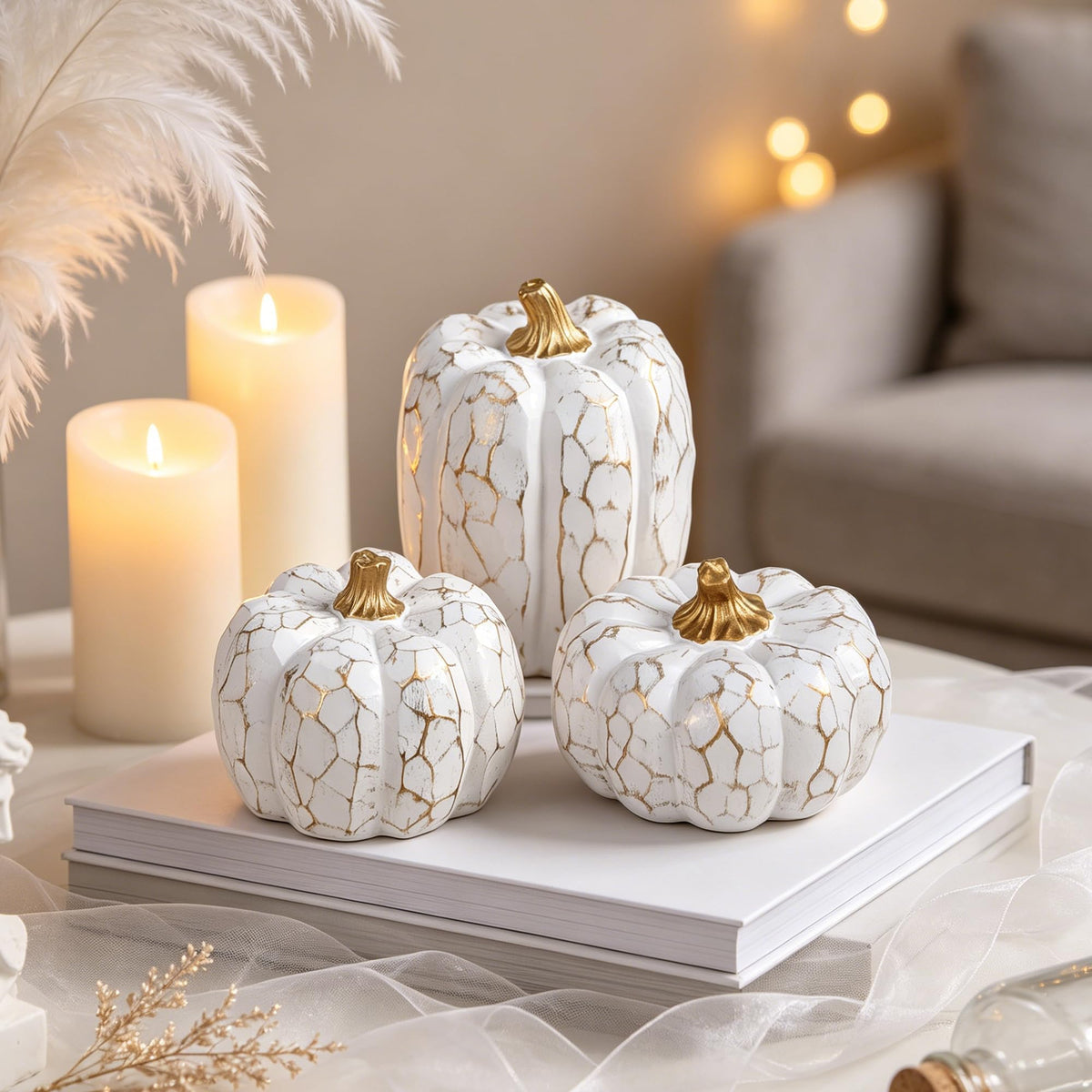 Set of 3 White Pumpkins Fall Decorations