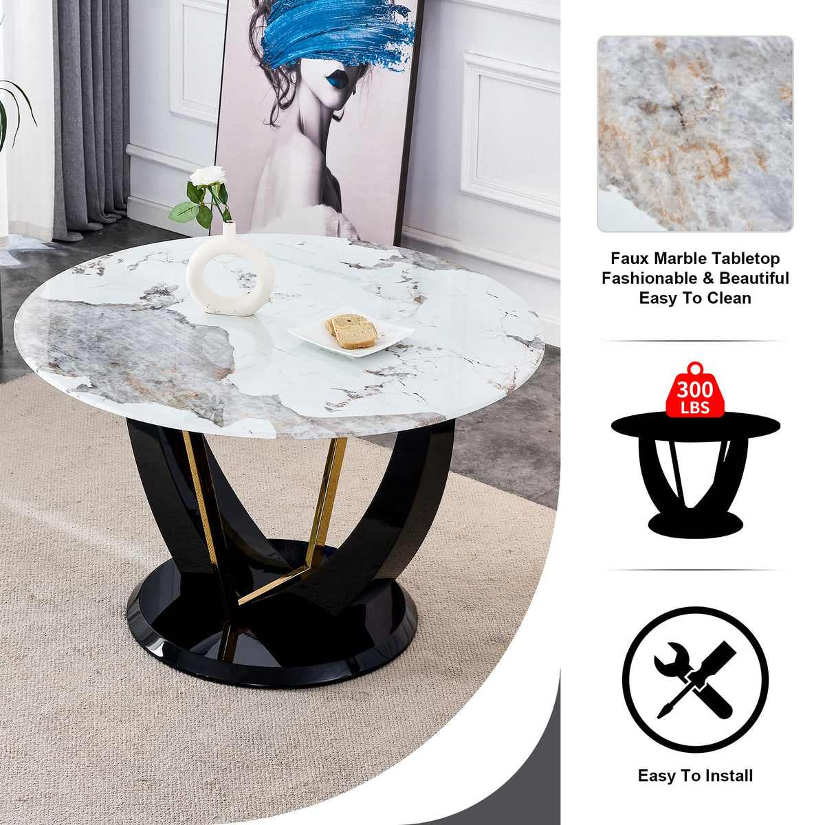 Inspired Saarinen Style 48 Inch Round Dining Table for 4 to 6, Faux Marble Look, Modern Circle Kitchen Furniture with Stable Pedestal Base