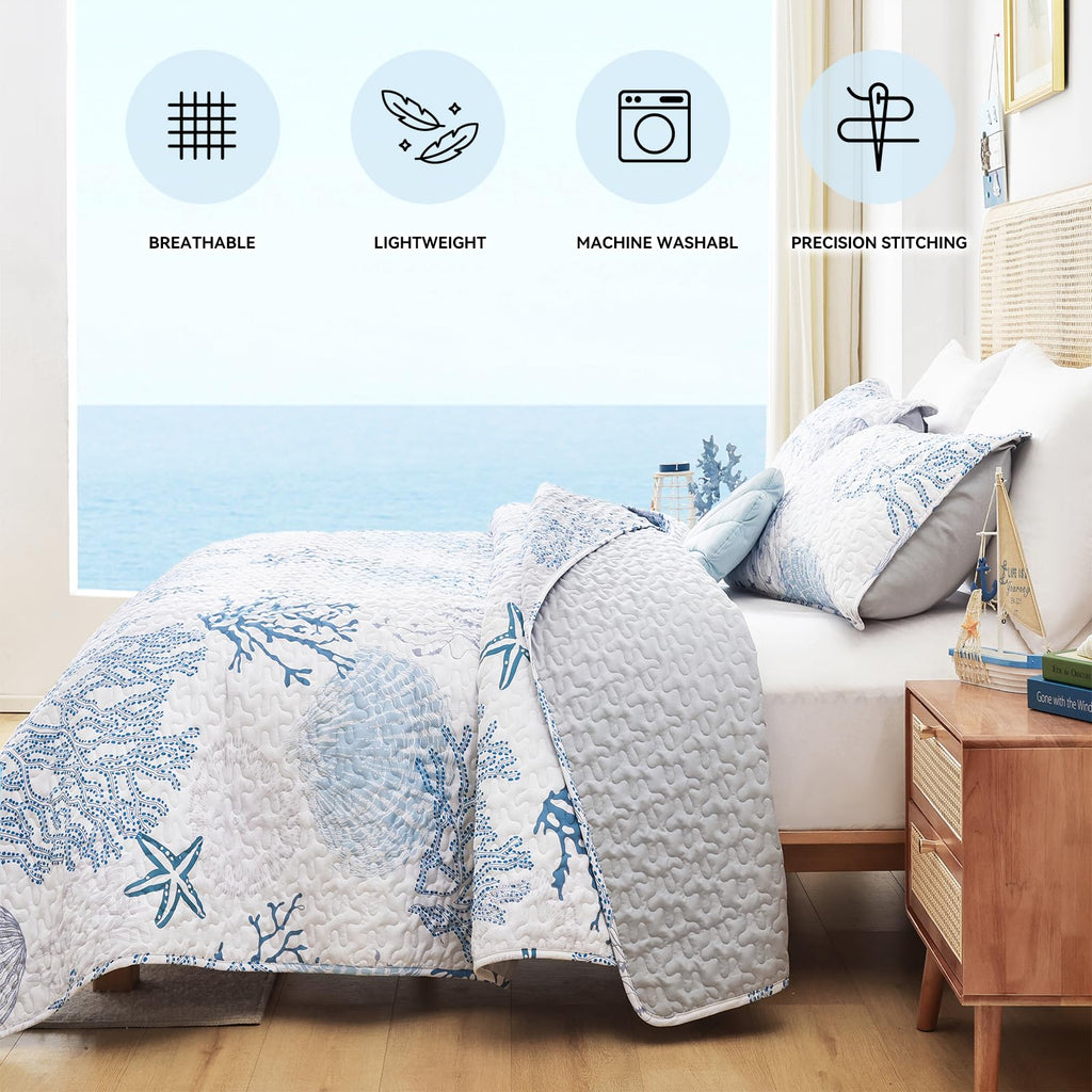 Coastal Quilt, Blue Coral Lightweight Summer Bedding