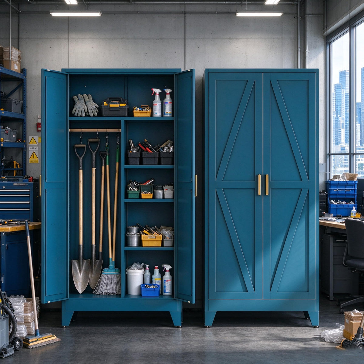 71" H Metal Garage Storage Cabinets,Broom Closet Storage Cabinet,Utility Cabinet,Blue Storage Cabinets