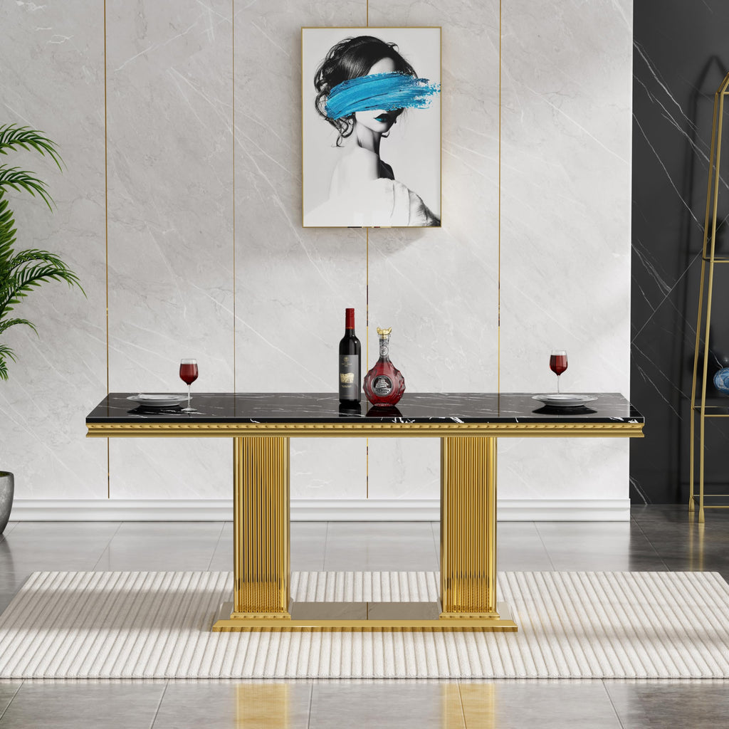 68 in Faux Marble Dining Table for 4-6, Black Marble Dining Table with Gold Stainless Steel Base, Luxury Rectangular