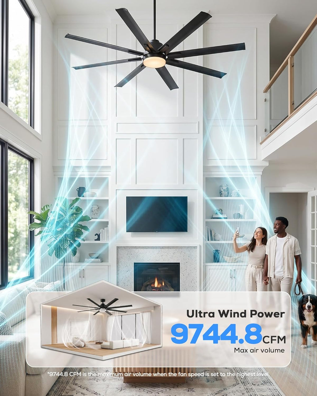 72" Black Outdoor Smart Ceiling Fan with Light