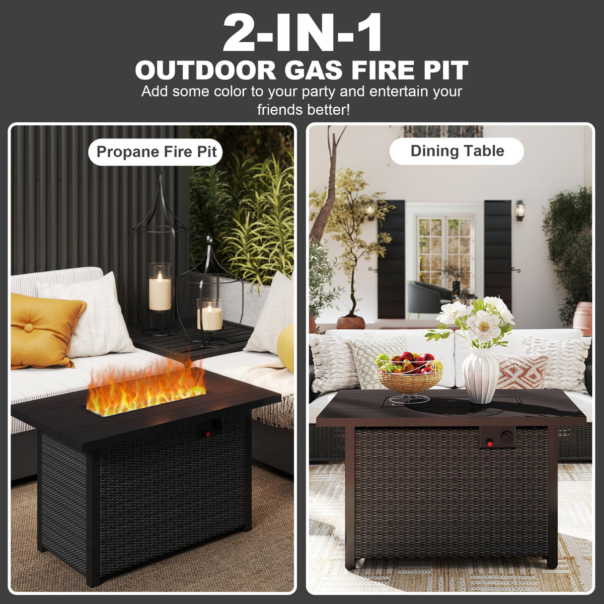 Fire Pit Table 42 Inch Outdoor Propane Gas Fire Pit for Outside 50, 000 BTU Auto-Ignition Gas Firepit Outdoor Rattan