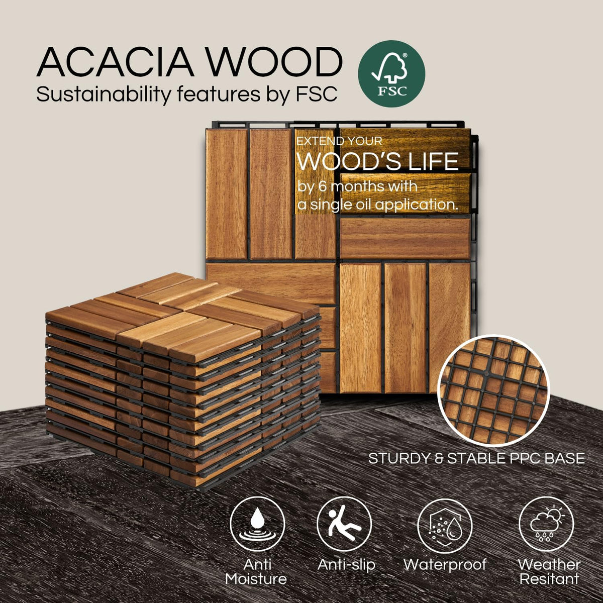 Premium Deck Tiles, Patio Flooring - Set 10 Pcs 12”x12”x0.9” Interlocking Deck Tiles, Waterproof Acacia Wood for Balcony, Backyard, Indoor & Outdoor (Golden Teak, Crossed Pattern, Square Joints)